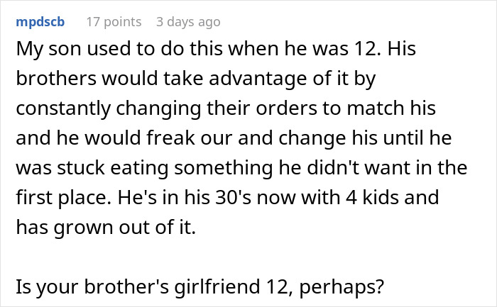 User relates personal story of child's ordering tantrums and growth