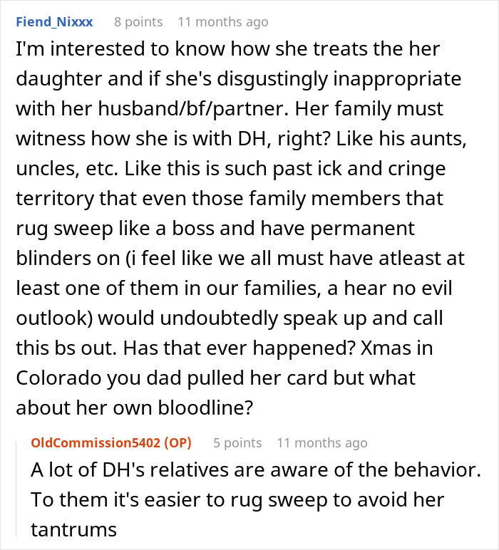 A Reddit post showing a user asking about a "mil" and "son house" situation for "Valentines Day."