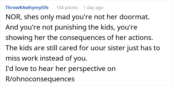 Comment explaining consequences shown to sister, not punishing kids Comment explaining consequences shown to sister, not punishing kids