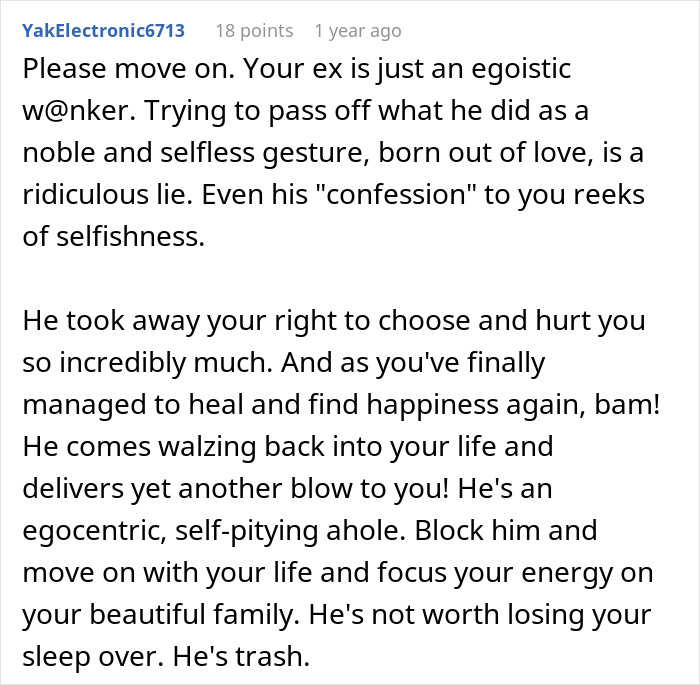 Comment advising to move on from an egoistic ex who left a 10 year relationship