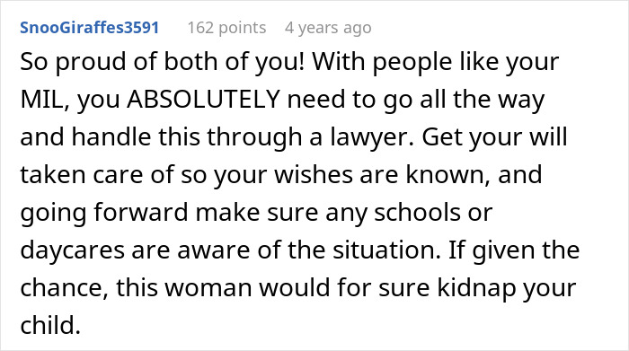 A Reddit comment advises a parent to involve a lawyer to protect their grandchild from an unhinged MIL.