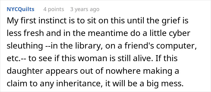 A Reddit comment discussing MIL's darkest secret and cyber sleuthing for an unexpected daughter making an inheritance claim.