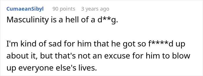 A comment from Reddit user CumaenSibyl stating regret for a man who leaves his wife and kids.
