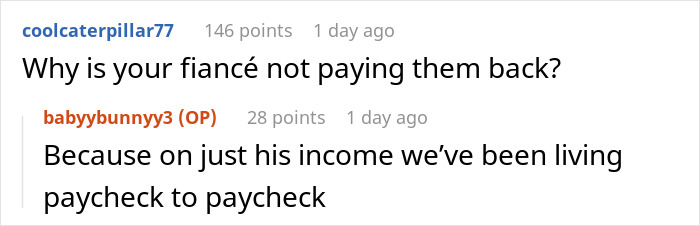 A Reddit thread about a SAHM's fianc&eacute;'s debts. A user asks why he isn't paying them back.