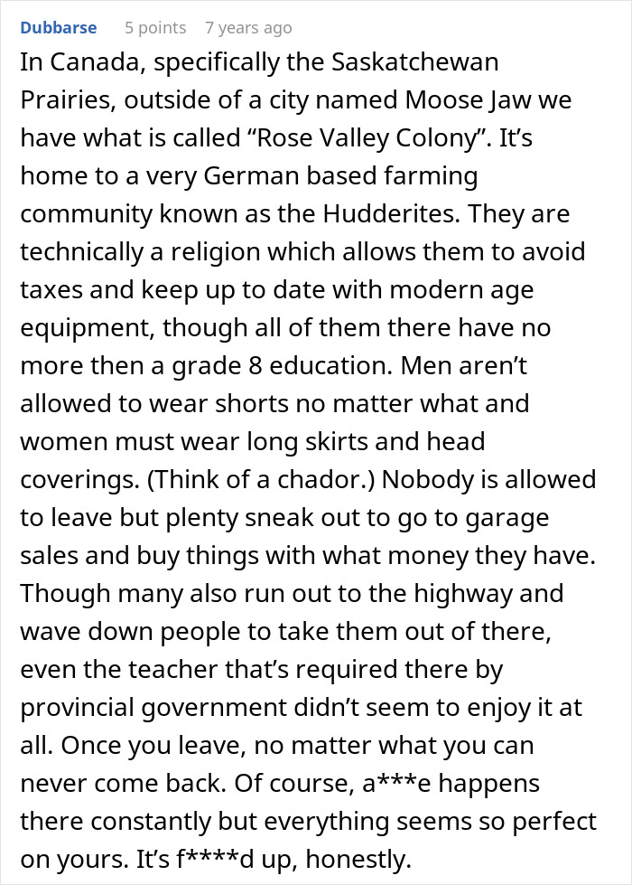 Detailed comment on Hudderites in restrictive religious community