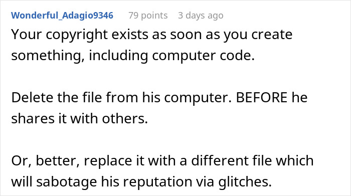 Comment on copyright existing immediately for computer code and deleting file