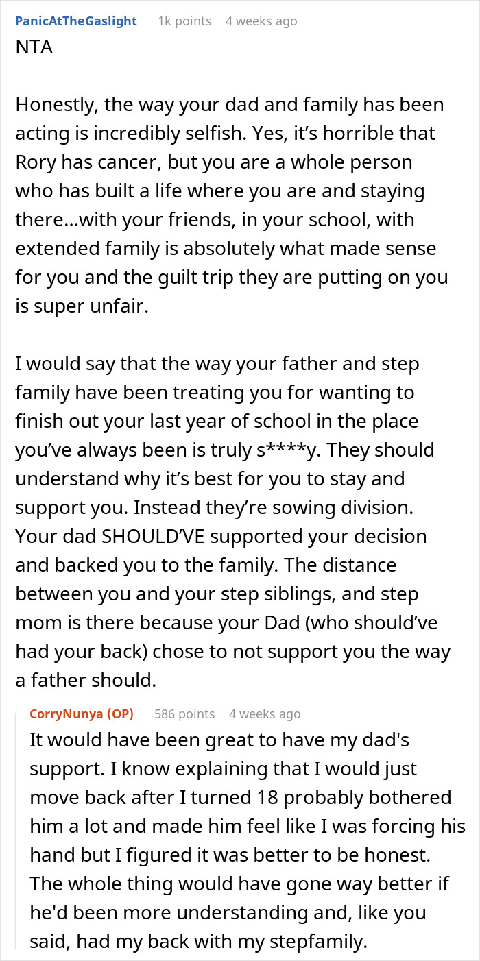 User commenting on family selfishness in teen's education decision