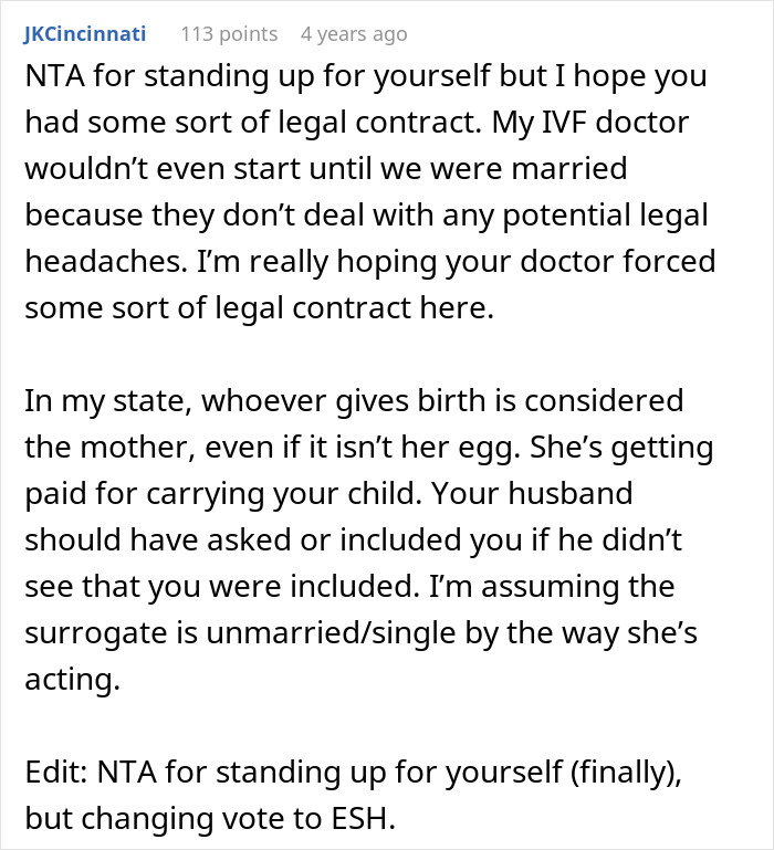 Comment discussing legal contracts and parentage concerns in surrogate and IVF cases Comment discussing legal contracts and parentage concerns in surrogate and IVF cases