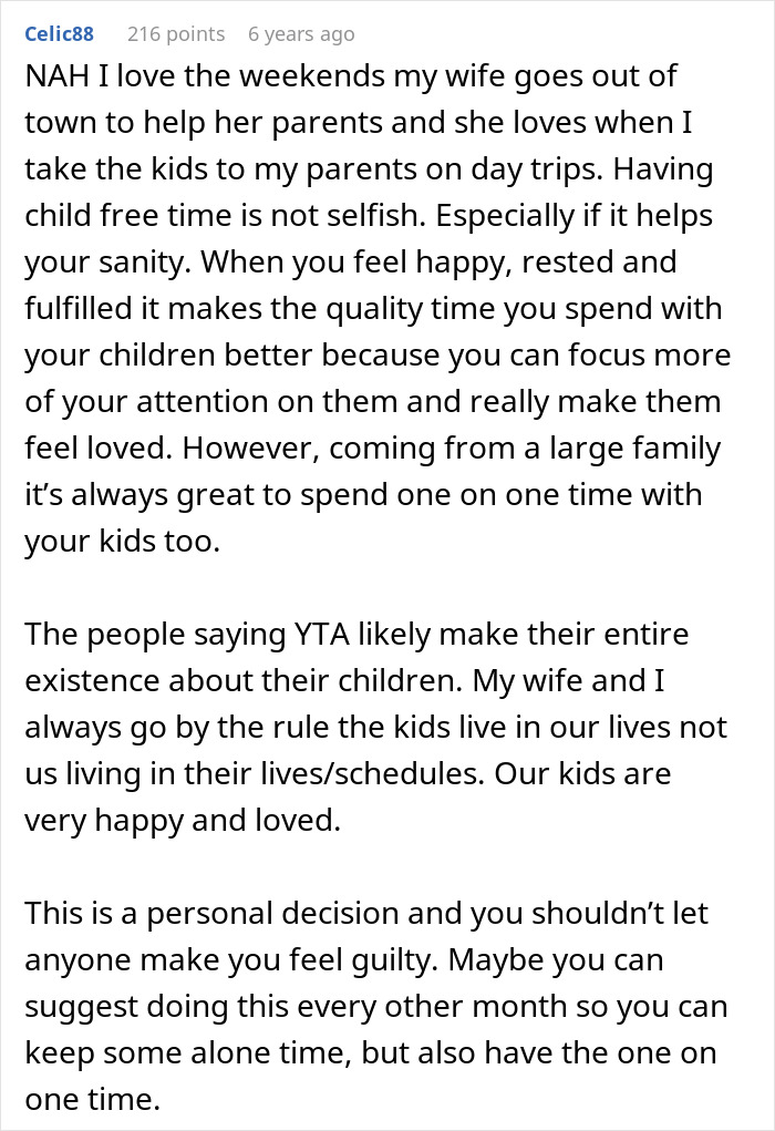 A text post from user Celic88 sharing their perspective on parents having child-free time, a topic many parents won't say.