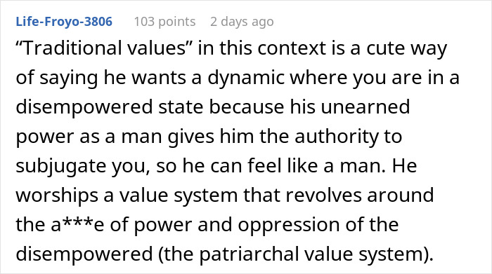 Comment explaining traditional values as male power and oppression in SAHM context
