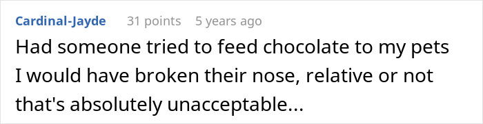 Comment about someone threatening to break a nose if pets are fed chocolate Comment about someone threatening to break a nose if pets are fed chocolate
