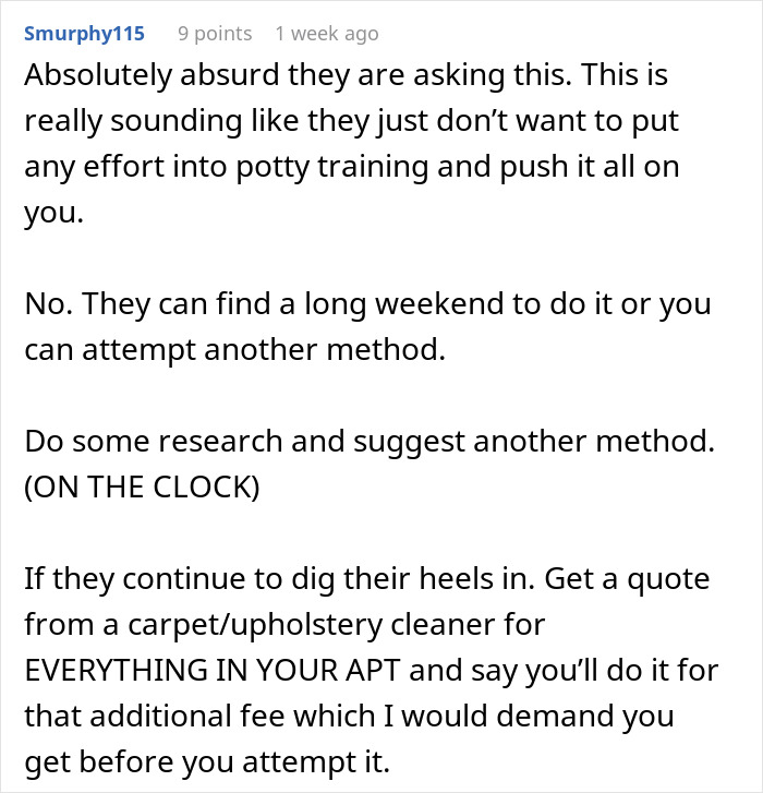Reddit user comment about entitled parents and nanny potty training their toddler, suggesting strategies for the nanny.