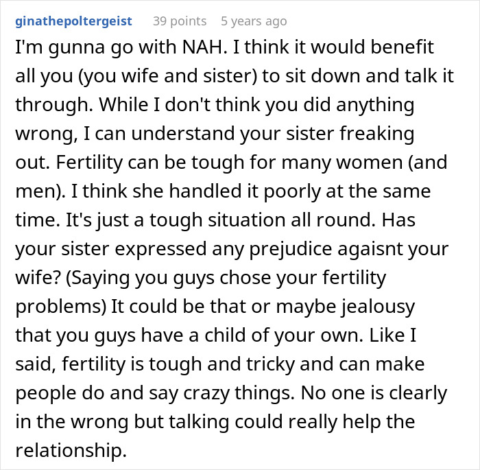 Comment suggesting family discussion to resolve fertility issue tensions Comment suggesting family discussion to resolve fertility issue tensions