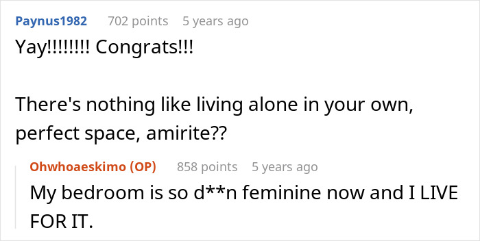 Comments about living alone and enjoying a feminine bedroom makeover from He Chose Her story