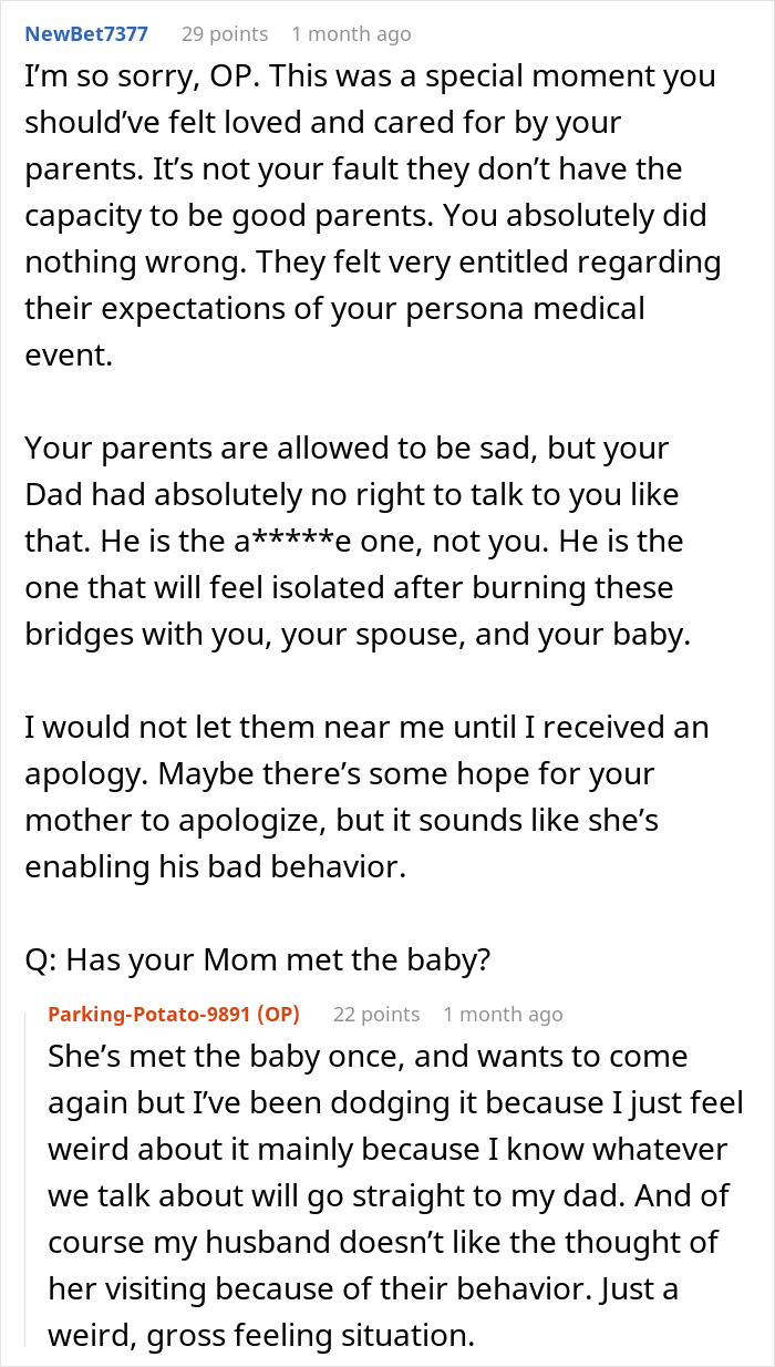 Reddit text from a user comforting someone who informed parents about giving birth, discussing the difficult family situation.