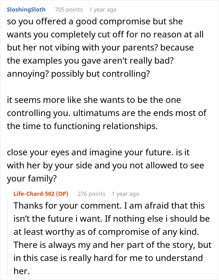 A Reddit thread about a sly fianc&eacute;e manipulating a guy to cut off his parents. The comments offer advice on the dilemma.