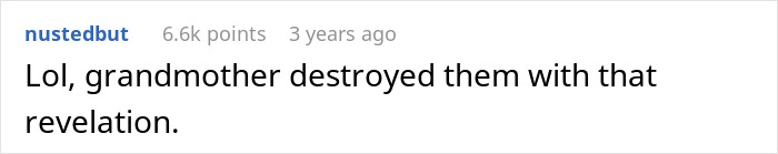 Short comment noting grandmother's revelation impacting family feud and pasta incident