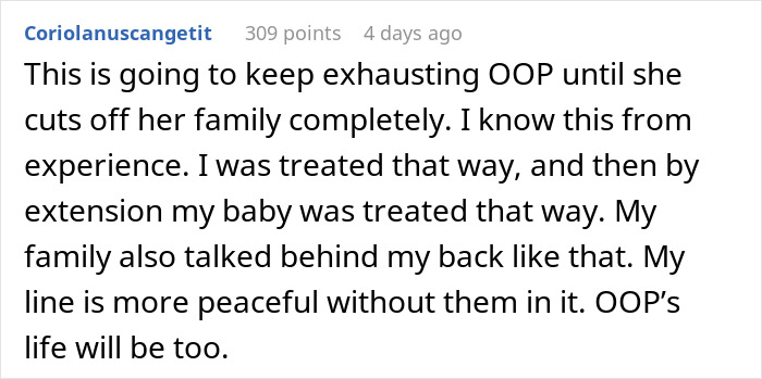 A Reddit comment, where a user shares experience about informing parents about giving birth, and how cutting off family can bring peace.