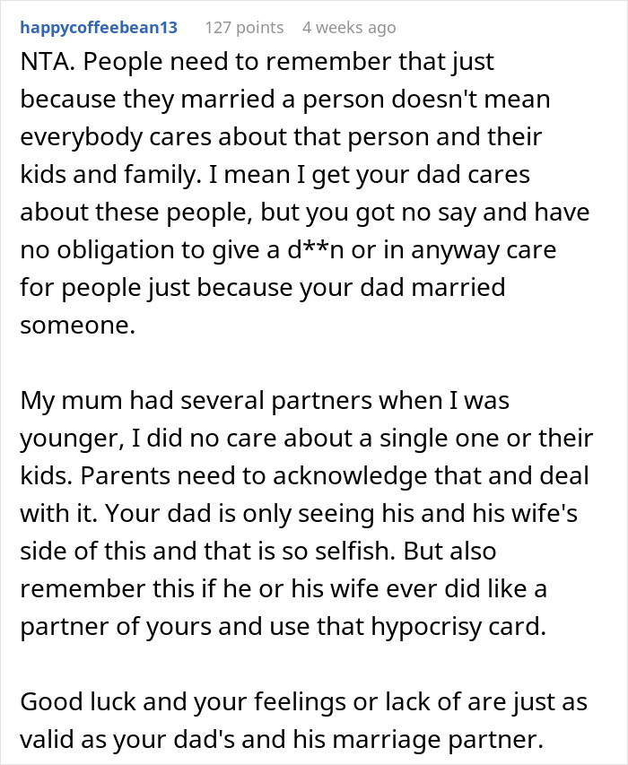 Comment on family dynamics and teen's no obligation to step-family