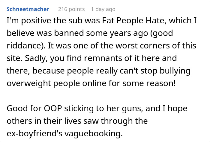 Comment referencing banned fat people hate sub and bullying overweight people online