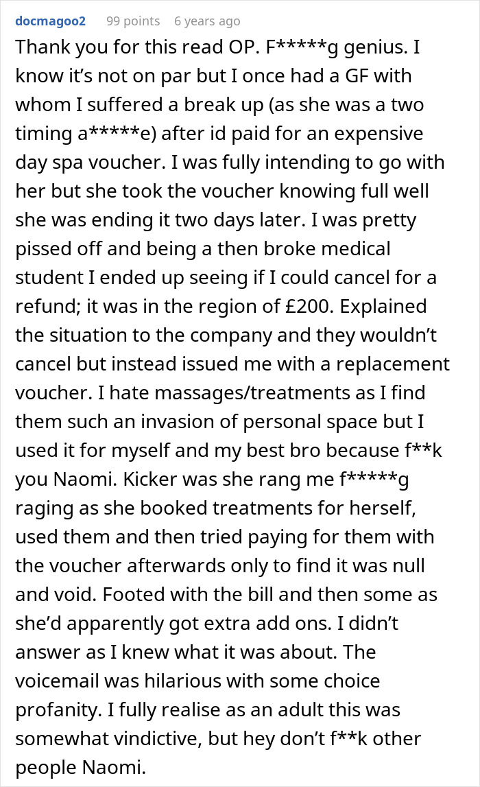 Comment sharing a personal story of revenge after a breakup with a spa voucher Comment sharing a personal story of revenge after a breakup with a spa voucher