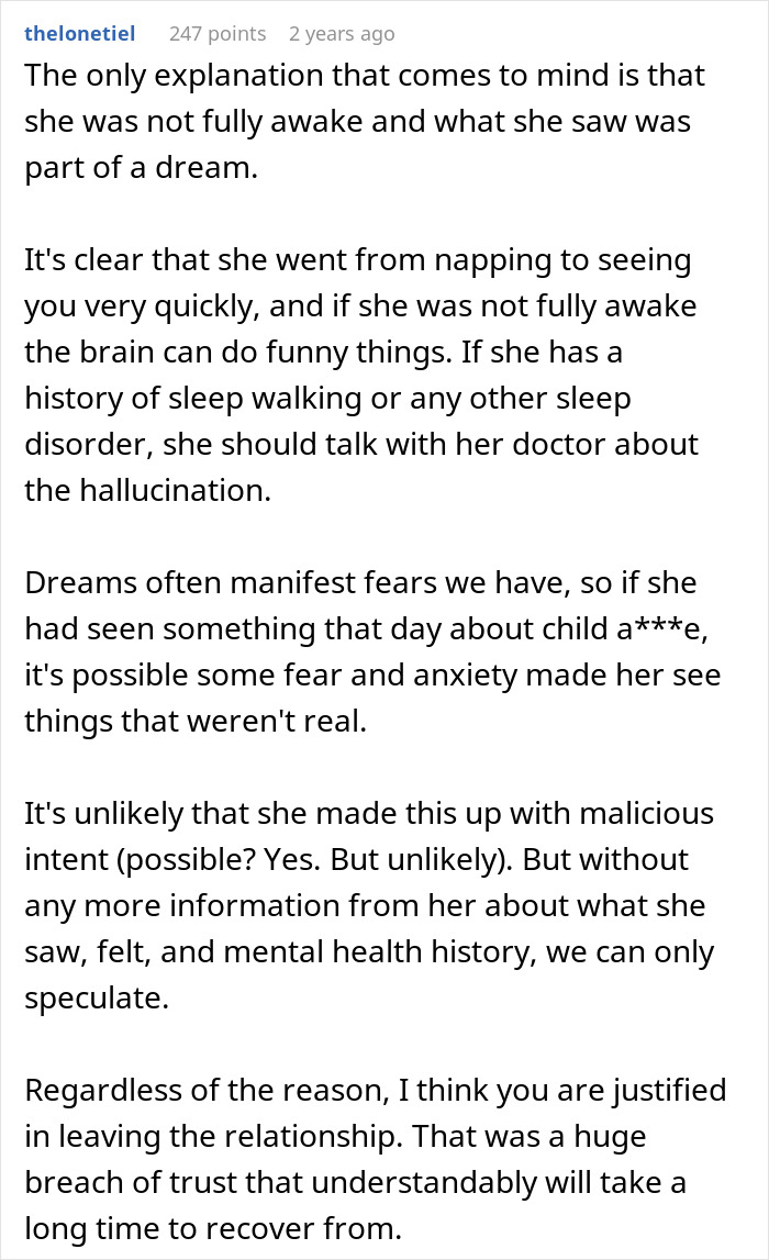 Reddit comment discussing possible reasons for a postpartum wife's actions, including sleep disorders and anxiety.