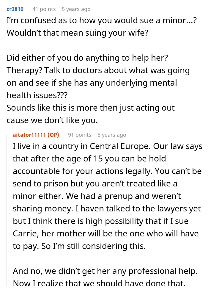 Online discussion on legality of suing minor stepdaughter for car damage