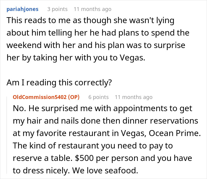 A social media post about a Valentine's Day surprise, discussing plans and a luxurious dinner in Vegas, related to the mil-broke-in-son-house story.