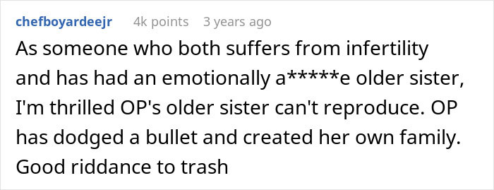 User with infertility shares relief about sister's inability to reproduce User with infertility shares relief about sister's inability to reproduce