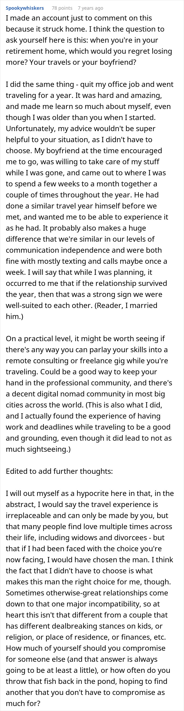 Text from a Reddit post discussing a woman's dream trip dilemma and the impossible choice of travel vs. relationship.