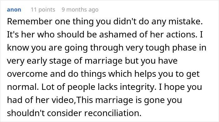 A Reddit comment advising someone not to reconcile after an arranged marriage affair discovery.