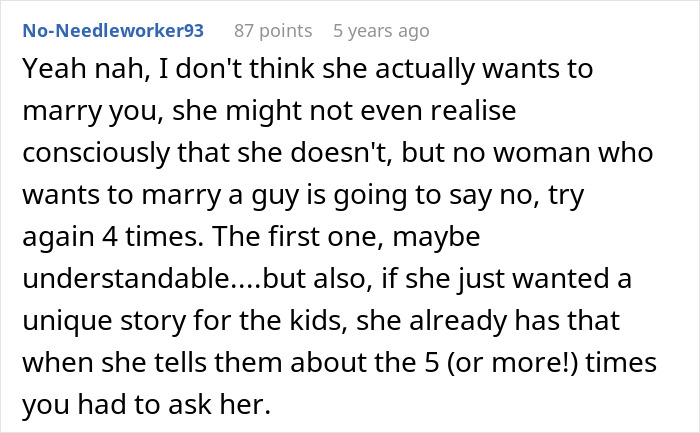 Comment doubts woman's desire to marry after 4 proposals