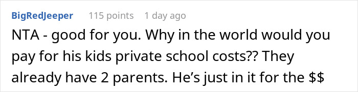 Comment supporting woman refusing to pay for fianc&eacute;'s kids' private school costs and debt