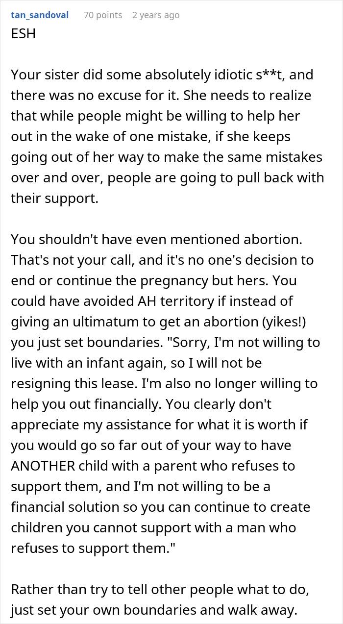 Reddit comment on setting boundaries regarding sister's pregnancy and financial help