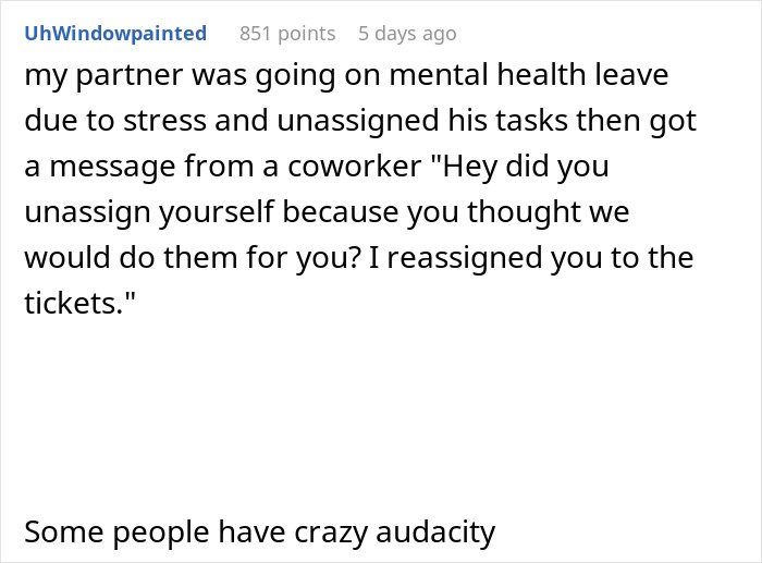 Stress leave denied as coworker reassigned partner's tasks during mental health leave