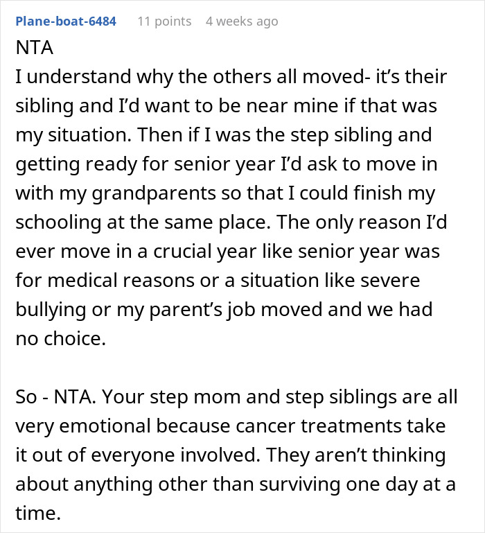Comment on moving during senior year and prioritizing education amid family illness