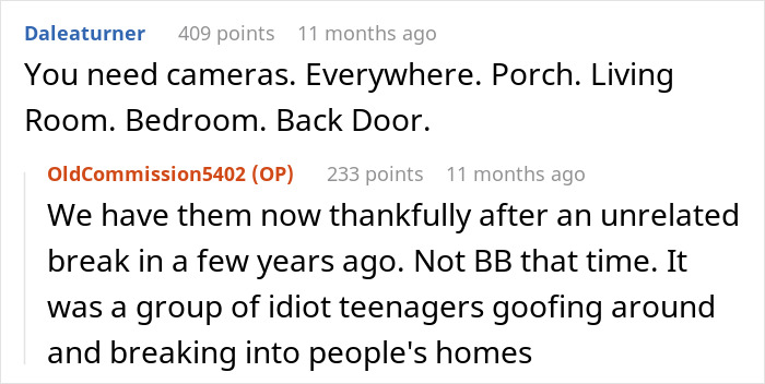 A Reddit thread discussing how to prevent a son from breaking in and vandalizing his house on Valentine's Day.