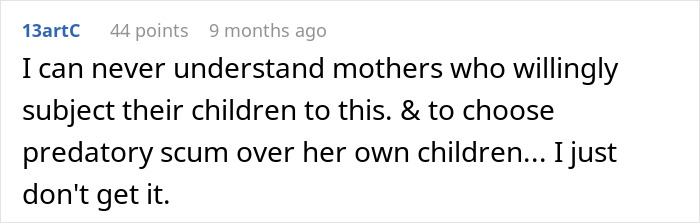 Comment criticizing mothers who choose a*****e partners over their children Comment criticizing mothers who choose a*****e partners over their children