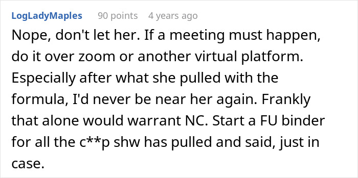 A user comment on a post about an unhinged MIL, suggesting virtual meetings and documenting her actions.