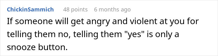 A text post from ChickinSammich on a white background, discussing the satisfaction of telling a coworker from hell no.