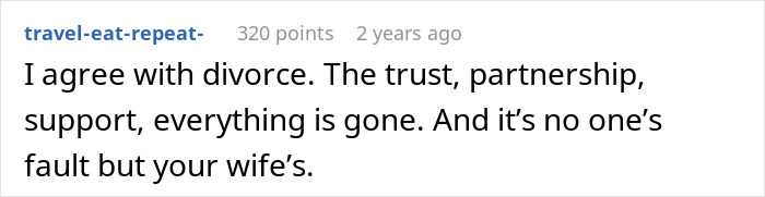 A comment agreeing with divorce, stating that trust and support are gone due to a postpartum wife's actions.
