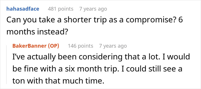 Reddit comments discussing a woman's dream trip dilemma, exploring a shorter journey as a compromise after 5 years of saving.