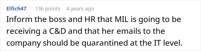 A screenshot of a comment from user Elfich47, discussing how to deal with an unhinged MIL concerning her grandchild.