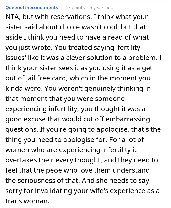 Comment advising apology for invalidating fertility experience of a trans woman Comment advising apology for invalidating fertility experience of a trans woman