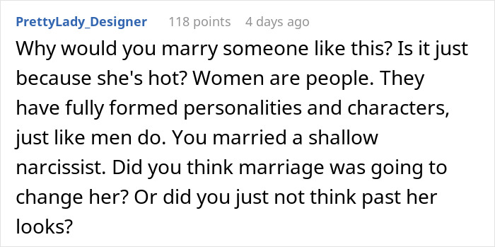 A Reddit comment questioning a guy's sanity for marrying a shallow narcissist and wife's honeymoon behavior.