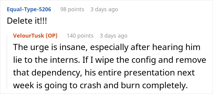 Text urging deletion of script to make engineer's presentation fail