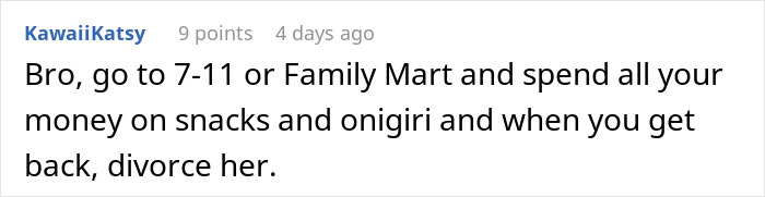 A screenshot of a comment suggesting a guy divorce his wife after her honeymoon behavior.