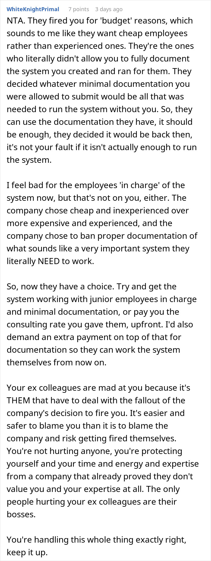 A Reddit post discussing a developer facing a "budget burden" after system broke without him.
