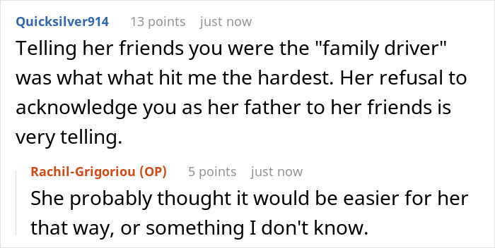 A Reddit screenshot showing comments about a 20YO ashamed of her dad, calling him a family driver to friends.