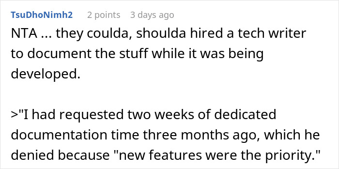 Reddit comment on white background, suggesting hiring a tech writer and documenting a developer's system while in development.